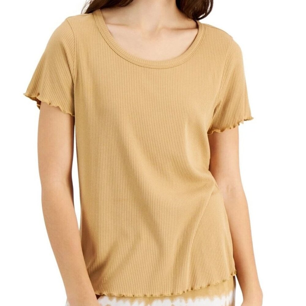 Jenni Womens Lettuce Edge Short Sleeve Knit Lounge Pajama Top T-Shirt, Camel, XS